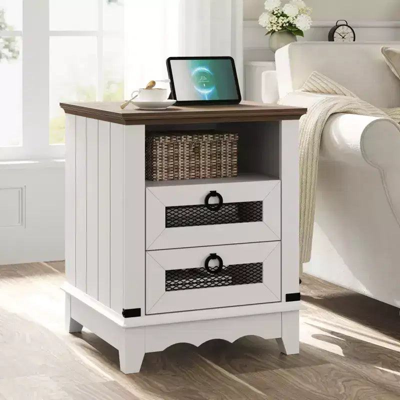 Table d'appoint de ferme avec station de recharge – Table basse rustique en bois – 2 tiroirs et étagère ouverte – Accent de chevet pour chambre, salon, bureau à domicile