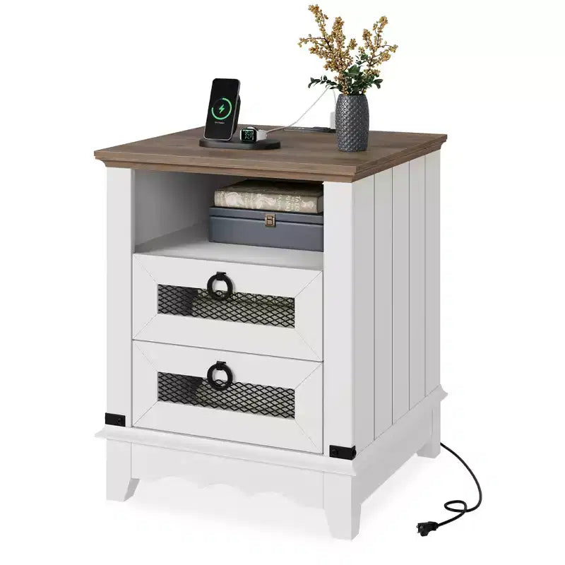 Table d'appoint de ferme avec station de recharge – Table basse rustique en bois – 2 tiroirs et étagère ouverte – Accent de chevet pour chambre, salon, bureau à domicile