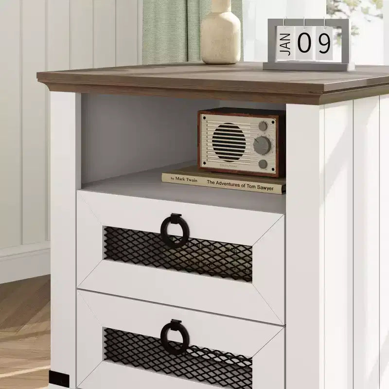 Table d'appoint de ferme avec station de recharge – Table basse rustique en bois – 2 tiroirs et étagère ouverte – Accent de chevet pour chambre, salon, bureau à domicile