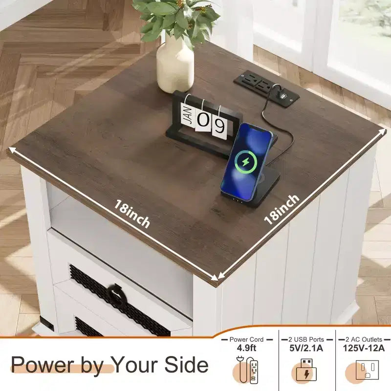 Table d'appoint de ferme avec station de recharge – Table basse rustique en bois – 2 tiroirs et étagère ouverte – Accent de chevet pour chambre, salon, bureau à domicile