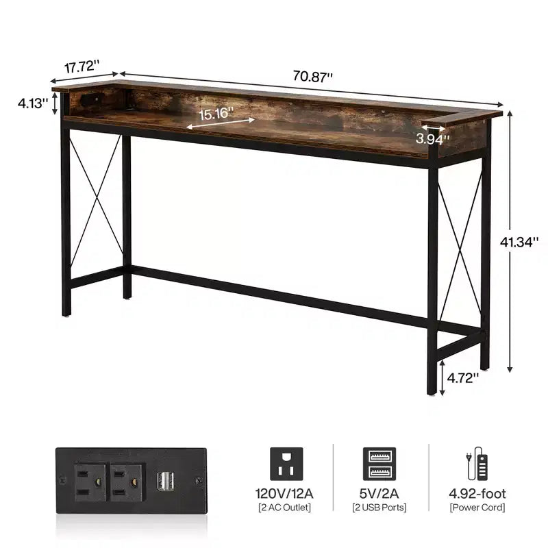 MAYEERTY Table console industrielle de 70,9 pouces, table de canapé d'entrée avec prises et ports USB