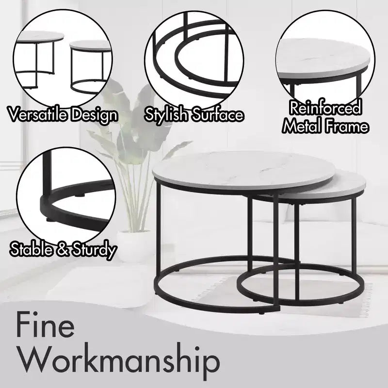 Lot de 2 tables gigognes rondes 27", plateaux aspect bois industriel avec cadre métallique robuste, tables d'appoint peu encombrantes, blanches
