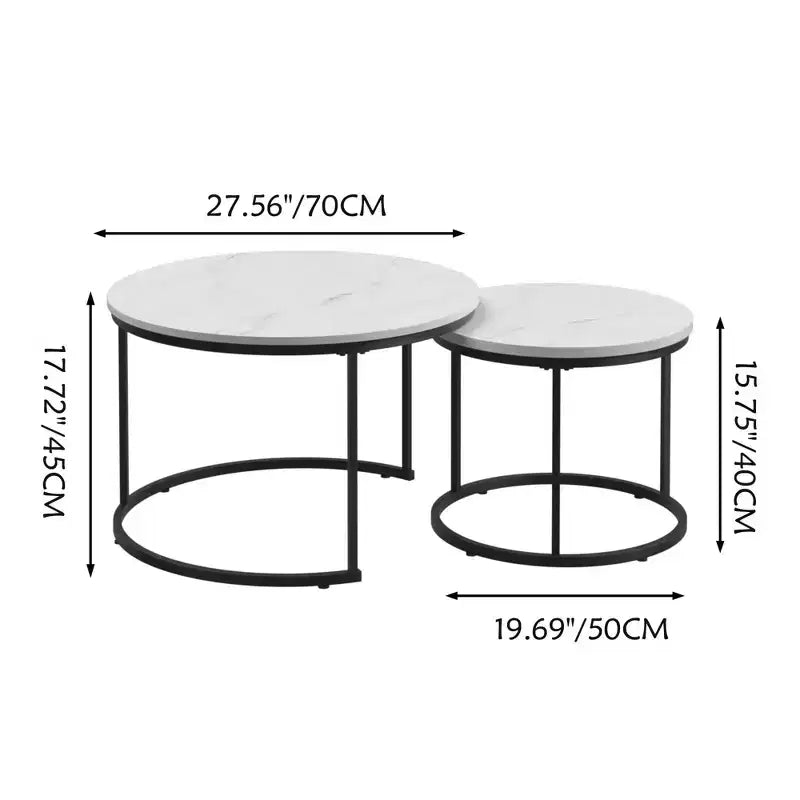 Lot de 2 tables gigognes rondes 27", plateaux aspect bois industriel avec cadre métallique robuste, tables d'appoint peu encombrantes, blanches