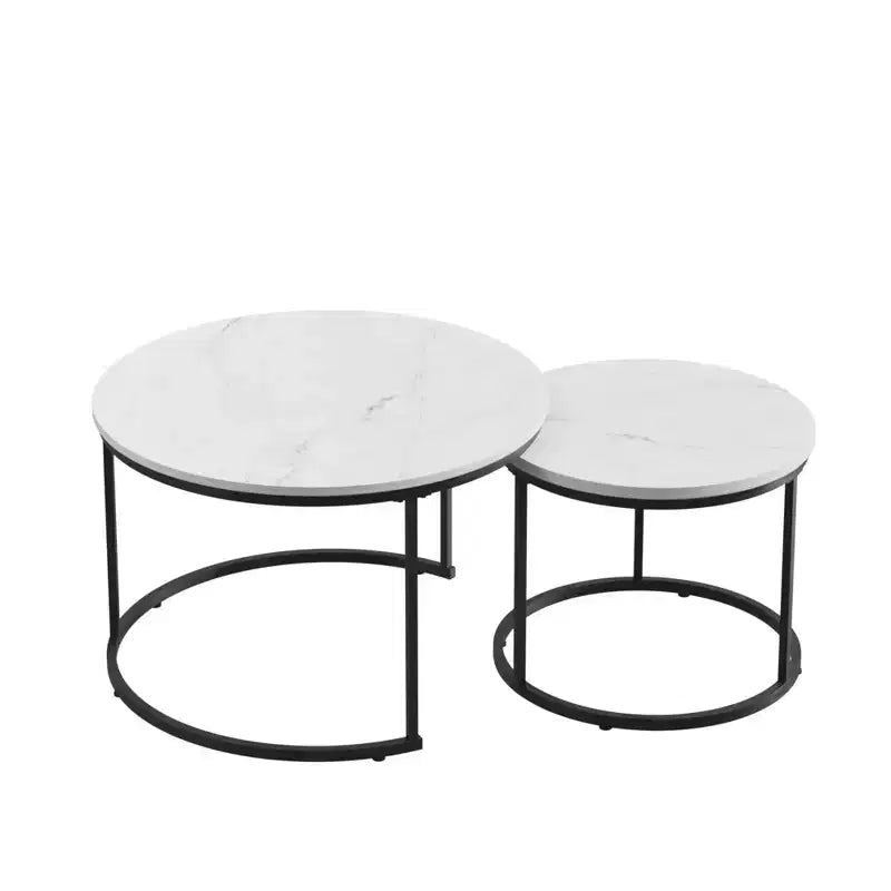 Lot de 2 tables gigognes rondes 27", plateaux aspect bois industriel avec cadre métallique robuste, tables d'appoint peu encombrantes, blanches