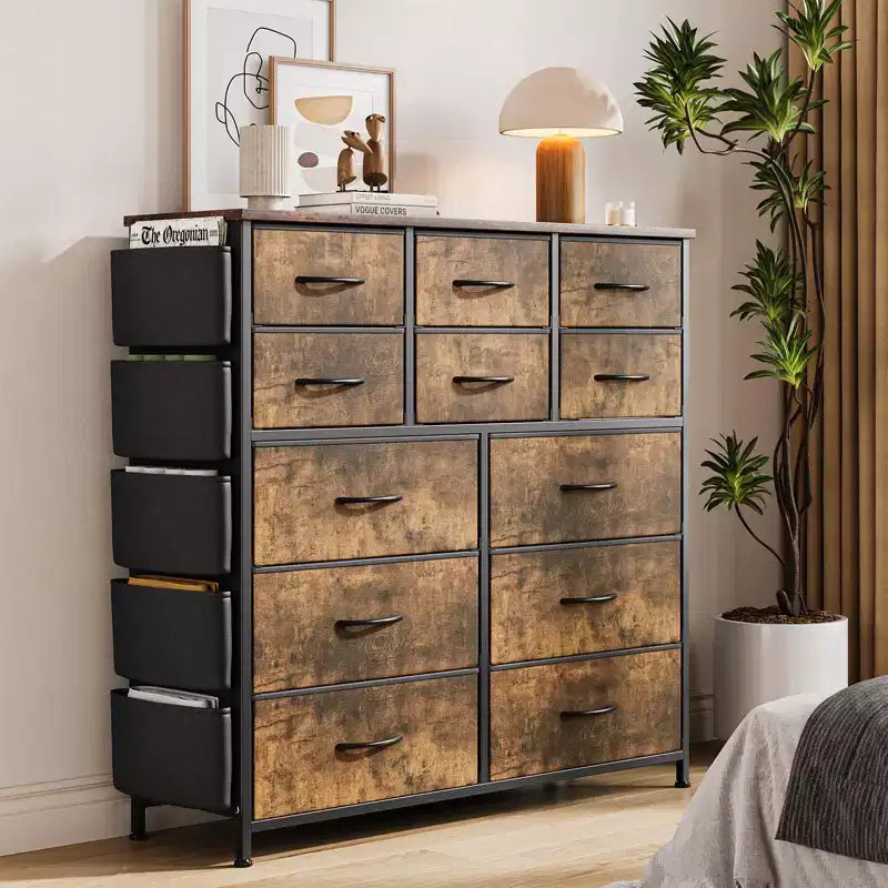 Commode de chambre à 12 tiroirs, commode de couloir, d'entrée, unité de rangement avec tissu, cadre métallique robuste