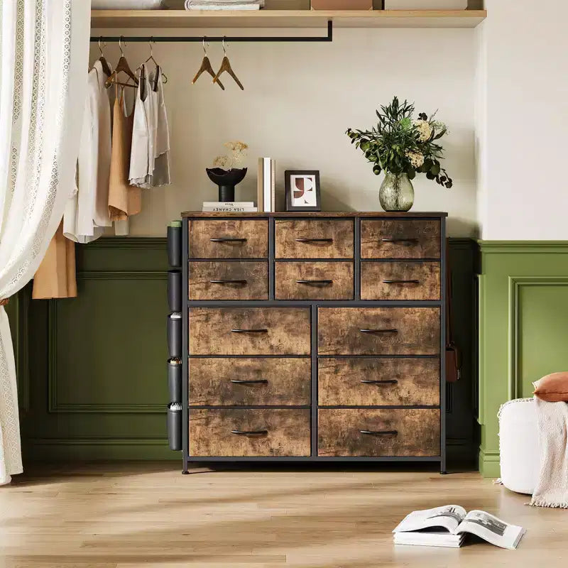 Commode de chambre à 12 tiroirs, commode de couloir, d'entrée, unité de rangement avec tissu, cadre métallique robuste