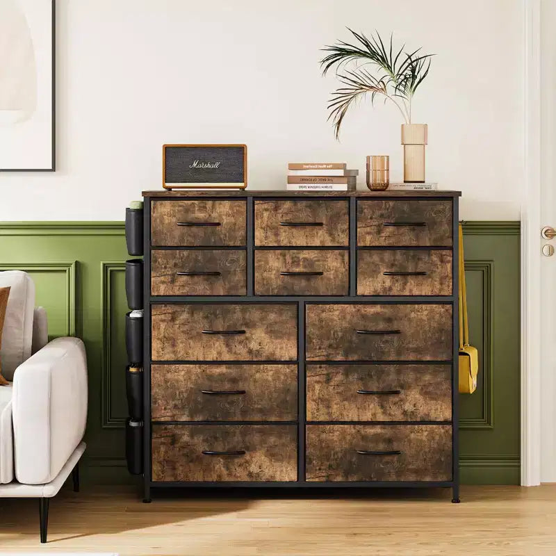 Commode de chambre à 12 tiroirs, commode de couloir, d'entrée, unité de rangement avec tissu, cadre métallique robuste