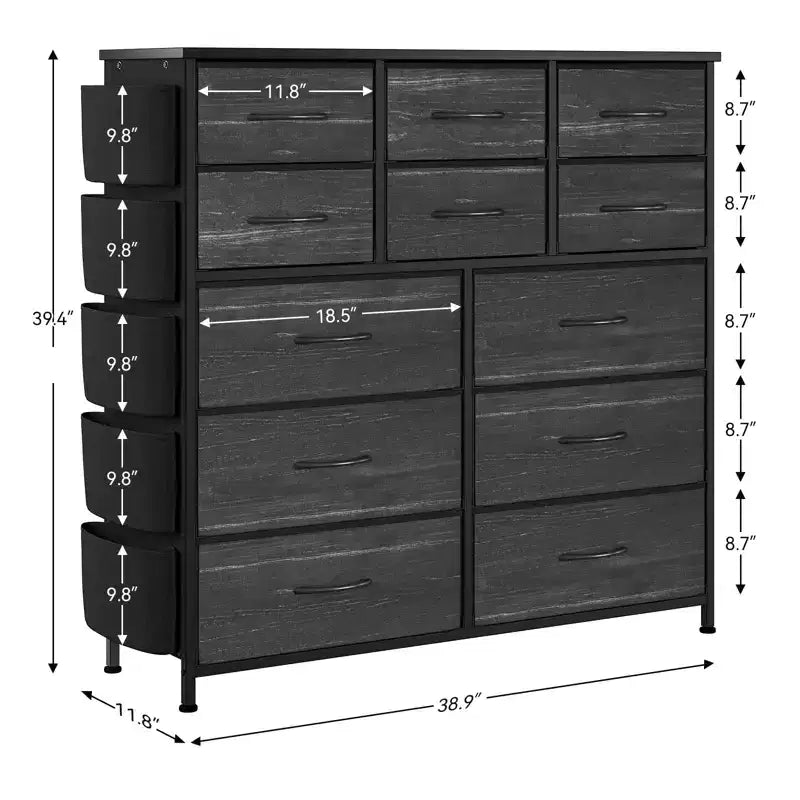 Commode de chambre à 12 tiroirs, commode de couloir, d'entrée, unité de rangement avec tissu, cadre métallique robuste