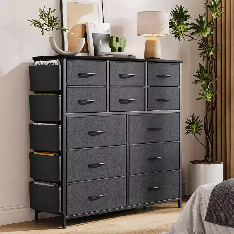 Commode de chambre à 12 tiroirs, commode de couloir, d'entrée, unité de rangement avec tissu, cadre métallique robuste