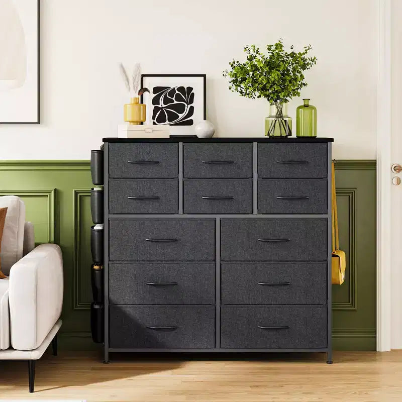 Commode de chambre à 12 tiroirs, commode de couloir, d'entrée, unité de rangement avec tissu, cadre métallique robuste