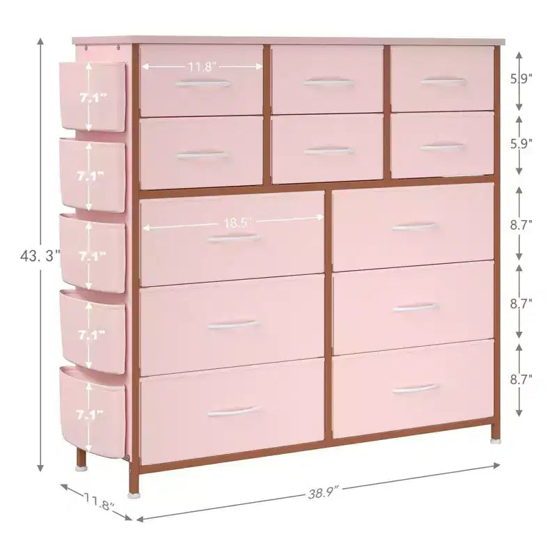Commode de chambre à 12 tiroirs, commode de couloir, d'entrée, unité de rangement avec tissu, cadre métallique robuste