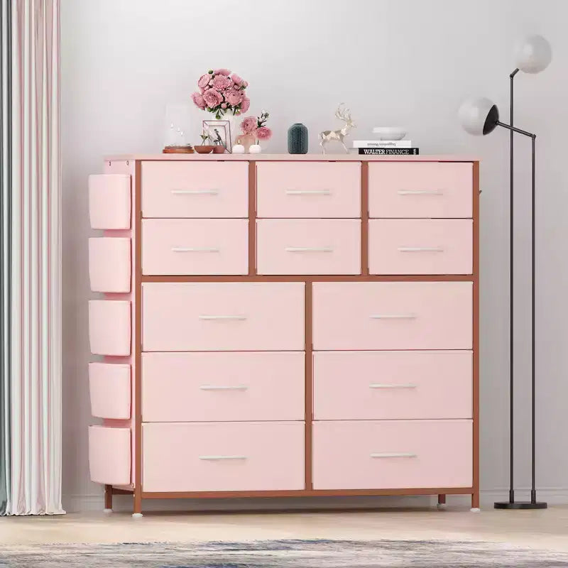 Commode de chambre à 12 tiroirs, commode de couloir, d'entrée, unité de rangement avec tissu, cadre métallique robuste