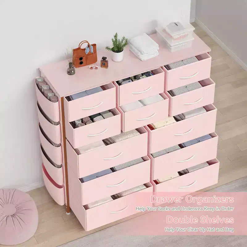 Commode de chambre à 12 tiroirs, commode de couloir, d'entrée, unité de rangement avec tissu, cadre métallique robuste