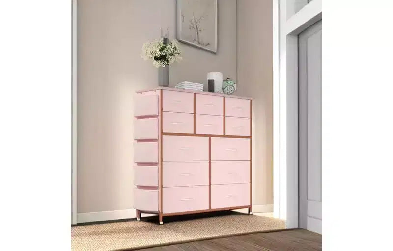 Commode de chambre à 12 tiroirs, commode de couloir, d'entrée, unité de rangement avec tissu, cadre métallique robuste