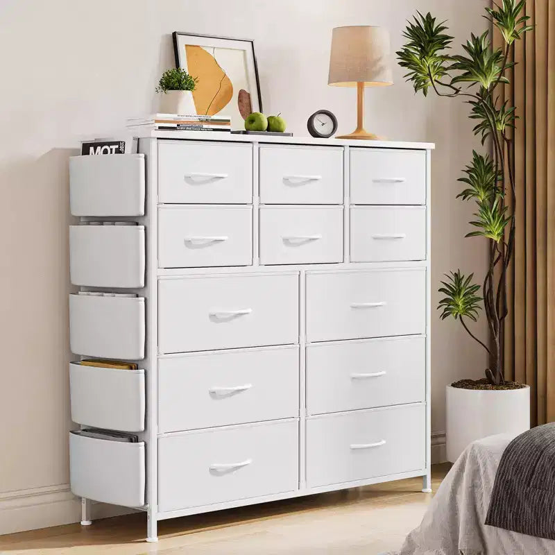 Commode de chambre à 12 tiroirs, commode de couloir, d'entrée, unité de rangement avec tissu, cadre métallique robuste