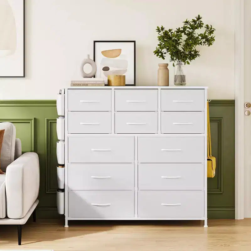 Commode de chambre à 12 tiroirs, commode de couloir, d'entrée, unité de rangement avec tissu, cadre métallique robuste