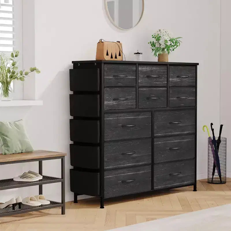 Commode de chambre à 12 tiroirs, commode de couloir, d'entrée, unité de rangement avec tissu, cadre métallique robuste
