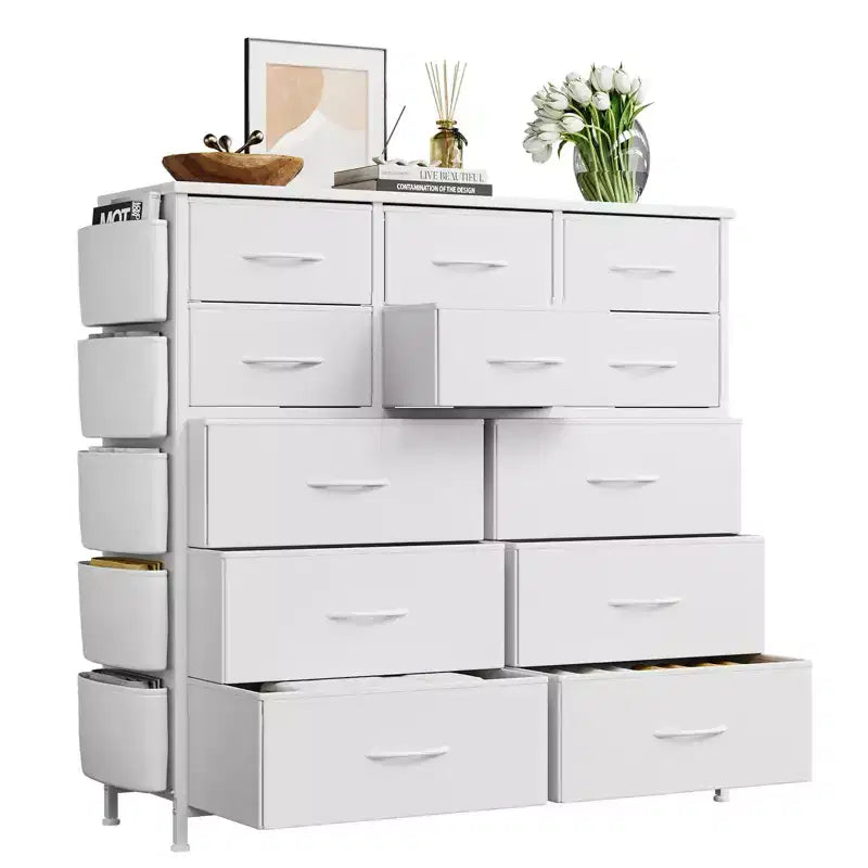 Commode de chambre à 12 tiroirs, commode de couloir, d'entrée, unité de rangement avec tissu, cadre métallique robuste
