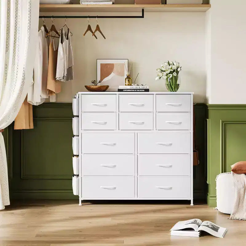 Commode de chambre à 12 tiroirs, commode de couloir, d'entrée, unité de rangement avec tissu, cadre métallique robuste