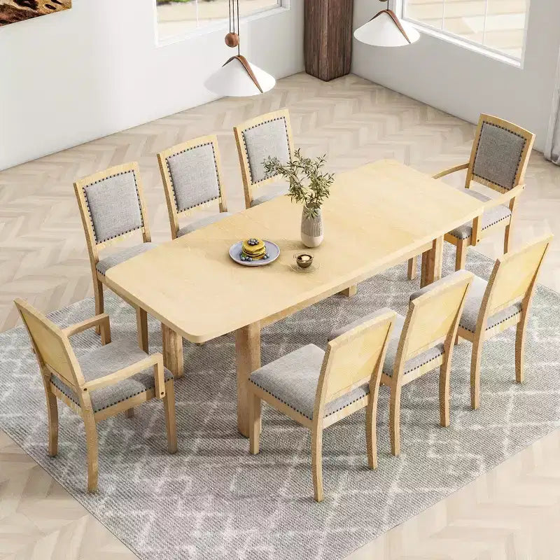 Ensemble de salle à manger extensible 9 pièces pour 6 personnes, table de salle à manger rectangulaire avec rallonge amovible, 6 chaises sans accoudoirs et 2 fauteuils