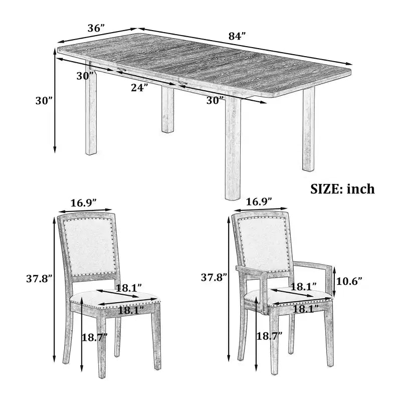 Ensemble de salle à manger extensible 9 pièces pour 6 personnes, table de salle à manger rectangulaire avec rallonge amovible, 6 chaises sans accoudoirs et 2 fauteuils
