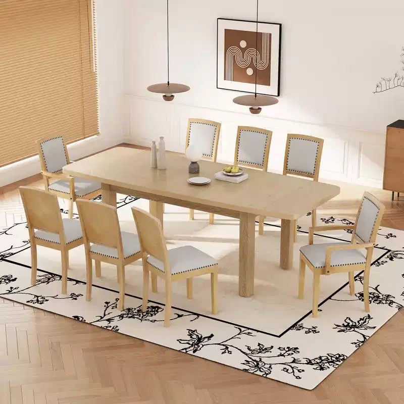 Ensemble de salle à manger extensible 9 pièces pour 6 personnes, table de salle à manger rectangulaire avec rallonge amovible, 6 chaises sans accoudoirs et 2 fauteuils