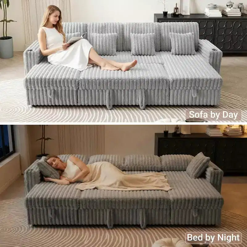 Canapé de jour en forme de U MooxvMoo 124 avec rangement, grand canapé convertible avec lit gigogne, dossier réglable, ports USB et porte-gobelets, gris