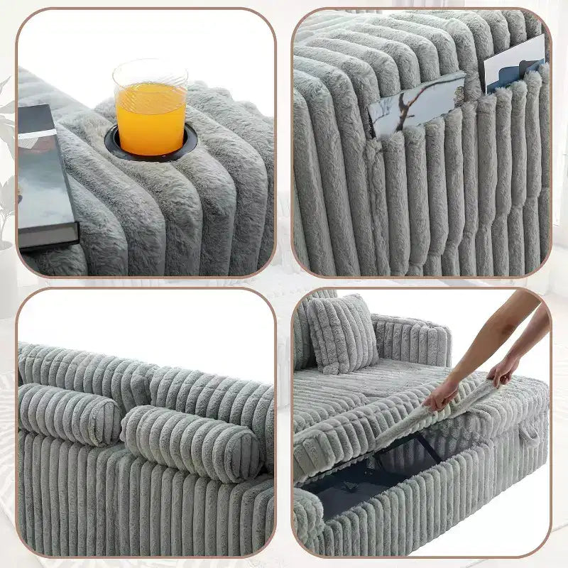 Canapé de jour en forme de U MooxvMoo 124 avec rangement, grand canapé convertible avec lit gigogne, dossier réglable, ports USB et porte-gobelets, gris