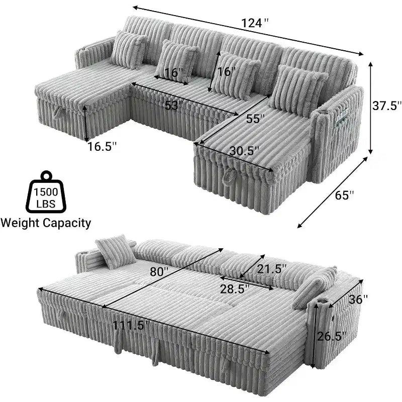 Canapé de jour en forme de U MooxvMoo 124 avec rangement, grand canapé convertible avec lit gigogne, dossier réglable, ports USB et porte-gobelets, gris