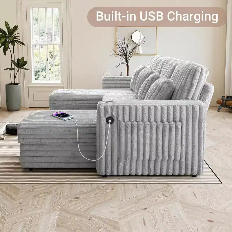 Canapé de jour en forme de U MooxvMoo 124 avec rangement, grand canapé convertible avec lit gigogne, dossier réglable, ports USB et porte-gobelets, gris