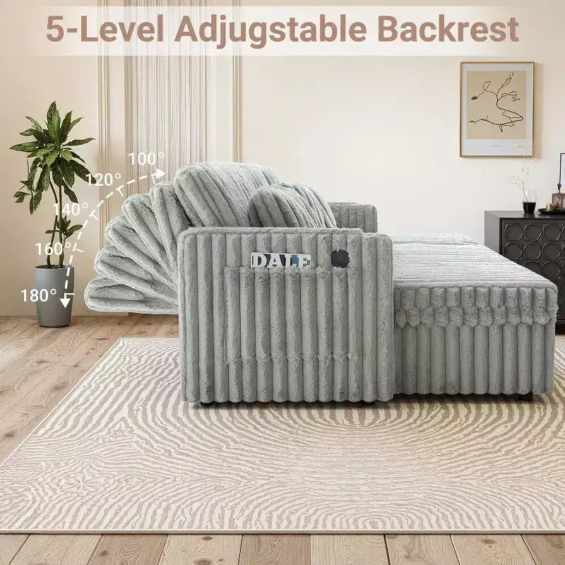 Canapé de jour en forme de U MooxvMoo 124 avec rangement, grand canapé convertible avec lit gigogne, dossier réglable, ports USB et porte-gobelets, gris
