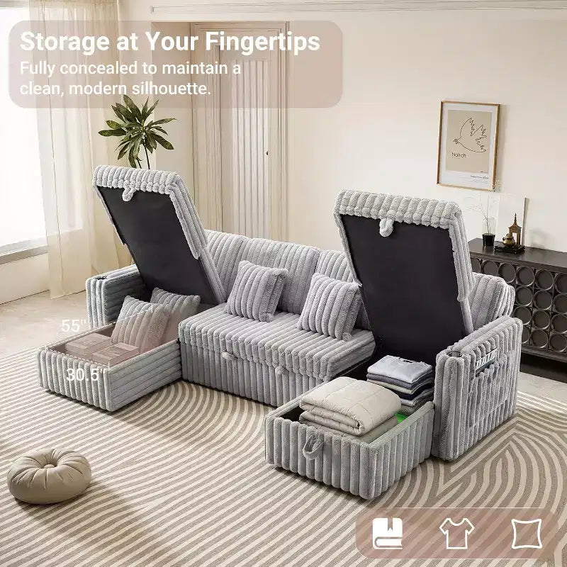 Canapé de jour en forme de U MooxvMoo 124 avec rangement, grand canapé convertible avec lit gigogne, dossier réglable, ports USB et porte-gobelets, gris