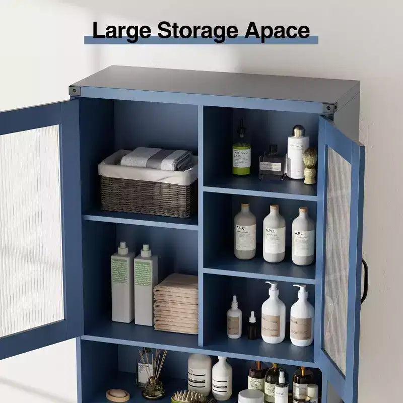 Armoire de rangement au-dessus des toilettes avec portes en verre trempé et étagère réglable (Bleu)