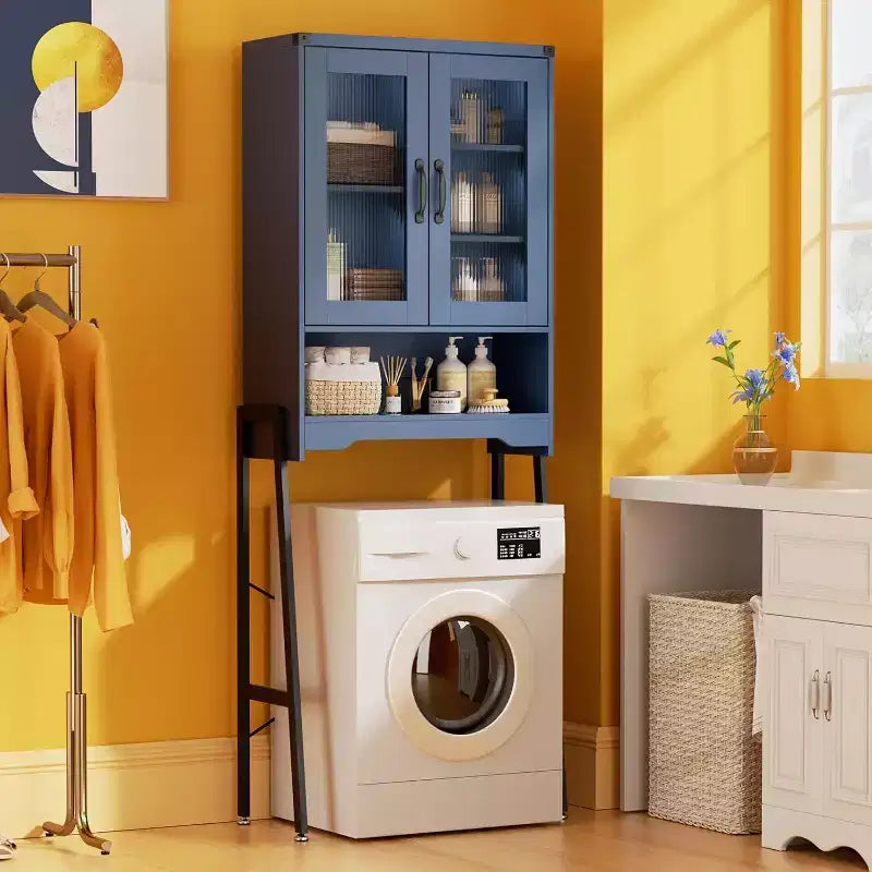 Armoire de rangement au-dessus des toilettes avec portes en verre trempé et étagère réglable (Bleu)