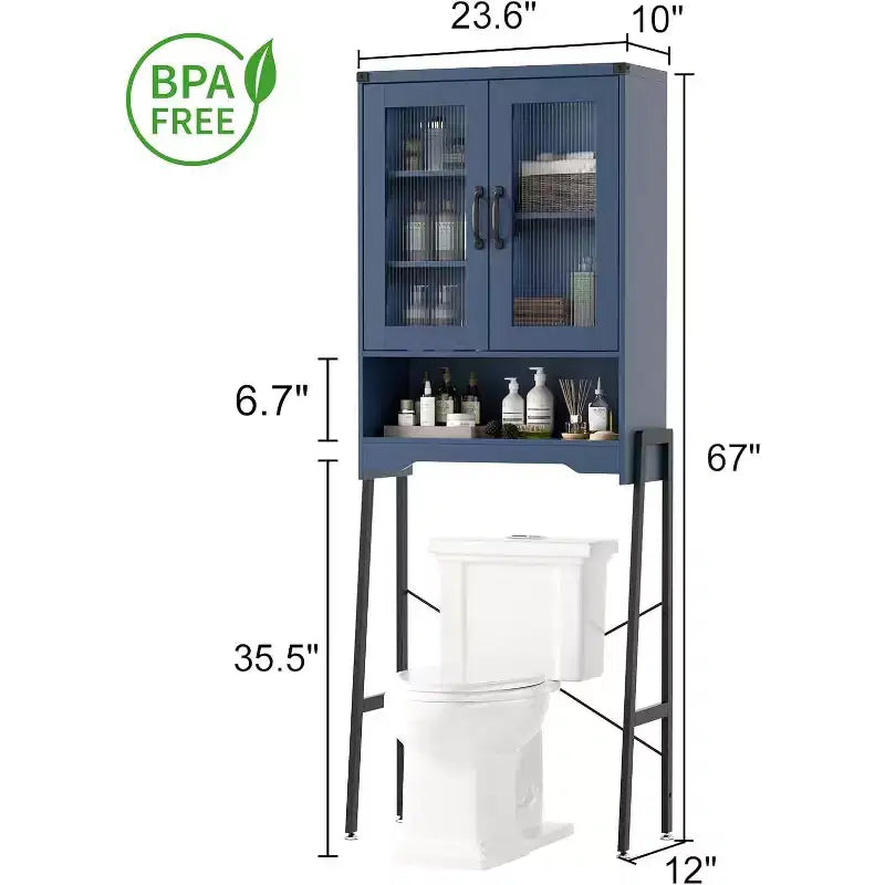 Armoire de rangement au-dessus des toilettes avec portes en verre trempé et étagère réglable (Bleu)