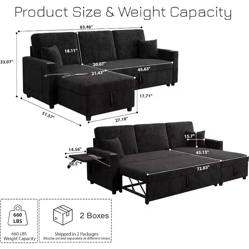 Canapé-lit convertible MooxvMoo 83 avec rangement et port USB, canapé en L 4 en 1 avec lit escamotable, table d'appoint, porte-gobelet, noir