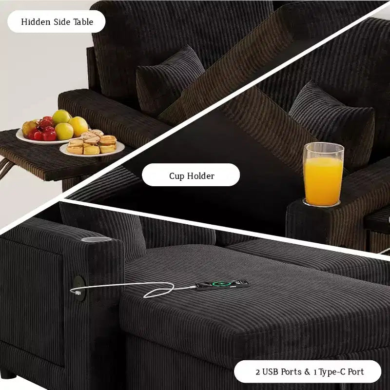 Canapé-lit convertible MooxvMoo 83 avec rangement et port USB, canapé en L 4 en 1 avec lit escamotable, table d'appoint, porte-gobelet, noir