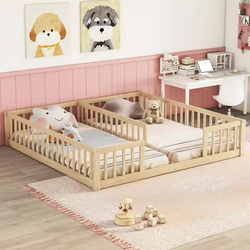 Lit double superposé avec barrière de sécurité, lit plateforme en bois avec clôture pour 2 enfants