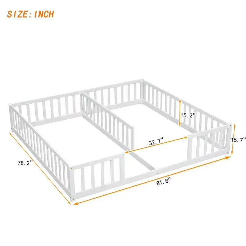 Lit double superposé avec barrière de sécurité, lit plateforme en bois avec clôture pour 2 enfants