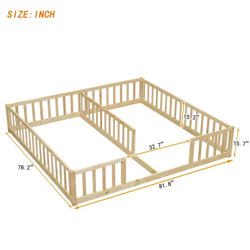 Lit double superposé avec barrière de sécurité, lit plateforme en bois avec clôture pour 2 enfants