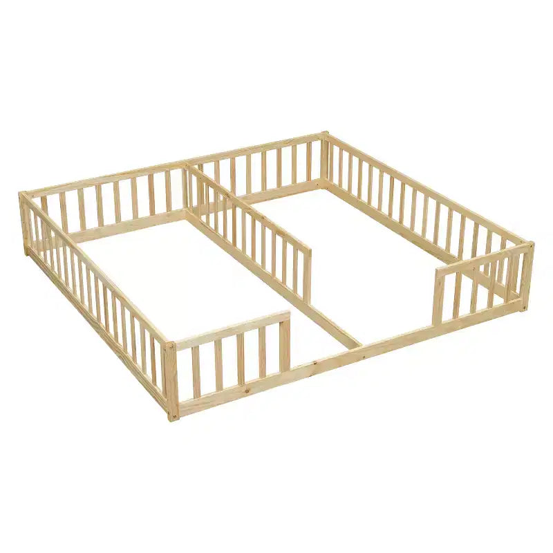 Lit double superposé avec barrière de sécurité, lit plateforme en bois avec clôture pour 2 enfants