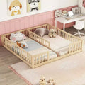 Double Twin Floor Bed with Guardrail, Wood Platform Bed with Fence for 2 Kids