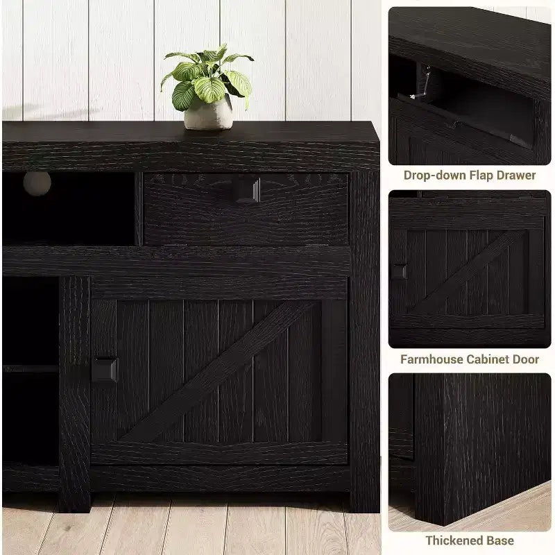 Meuble TV de Ferme pour Téléviseur Jusqu'à 80 Pouces, Long Meuble Télé avec 4 Tiroirs de Rangement et 3 Étagères Ouvertes pour Salon, Chambre - Noir
