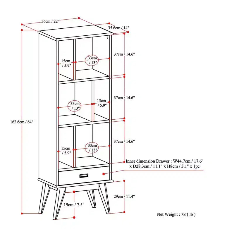 Bibliothèque et meuble de rangement moderne du milieu du siècle en BOIS MASSIF Tierney, 64 po x 22 po