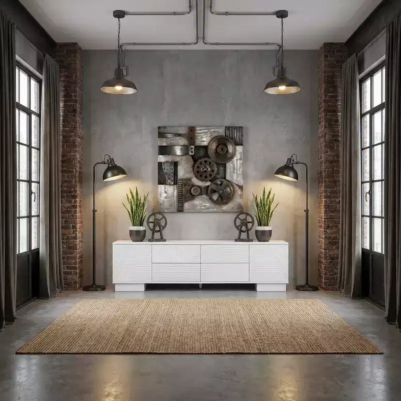 Meuble TV moderne JVNOXK de 180 cm, convient aux téléviseurs de 75 pouces et moins, avec armoire de rangement à 4 tiroirs et pied central en métal, blanc