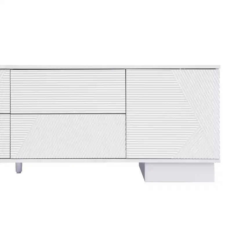 Meuble TV moderne JVNOXK de 180 cm, convient aux téléviseurs de 75 pouces et moins, avec armoire de rangement à 4 tiroirs et pied central en métal, blanc