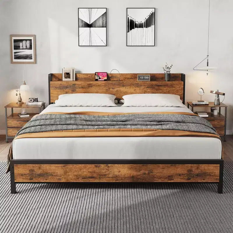 King Size Bed Frame with Storage Headboard, Industrial King Bed Platform with Charging Station and USB Ports, No Box Spring Needed - Rustic Brown