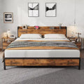 King Size Bed Frame with Storage Headboard, Industrial King Bed Platform with Charging Station and USB Ports, No Box Spring Needed - Rustic Brown