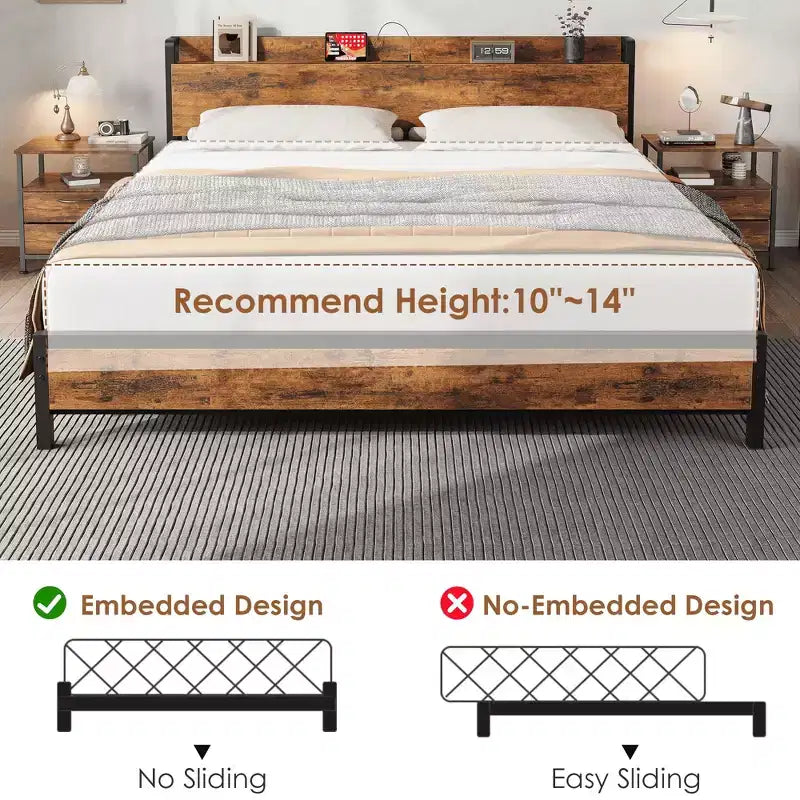 Cadre de lit King Size avec tête de lit de rangement, plateforme de lit King industrielle avec station de recharge et ports USB, sommier tapissier non requis - Marron rustique