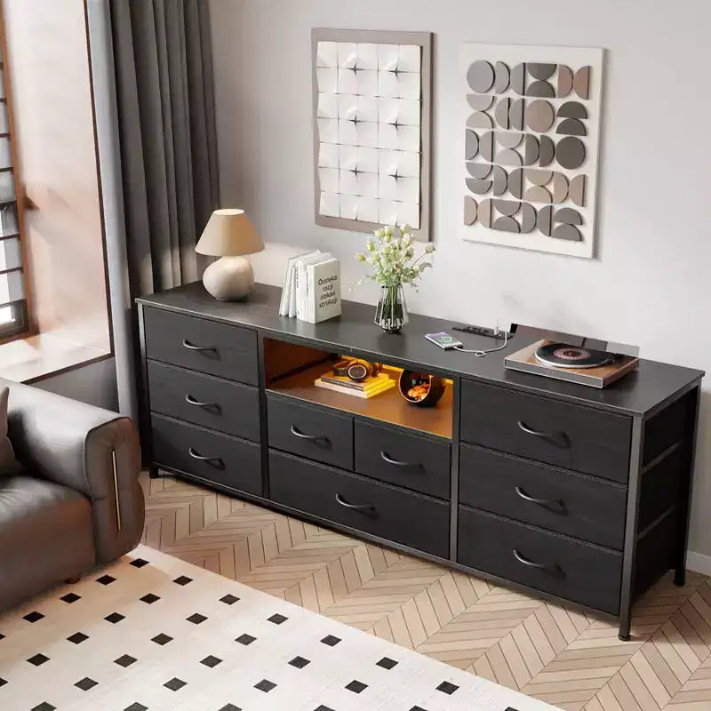 9 Drawer Wide Dresser for Bedroom 63 Inch Black Fabric Storage Chest with LED Lights and Power Outlets fits 75 Inch TV Media Console Organizer Cabinet